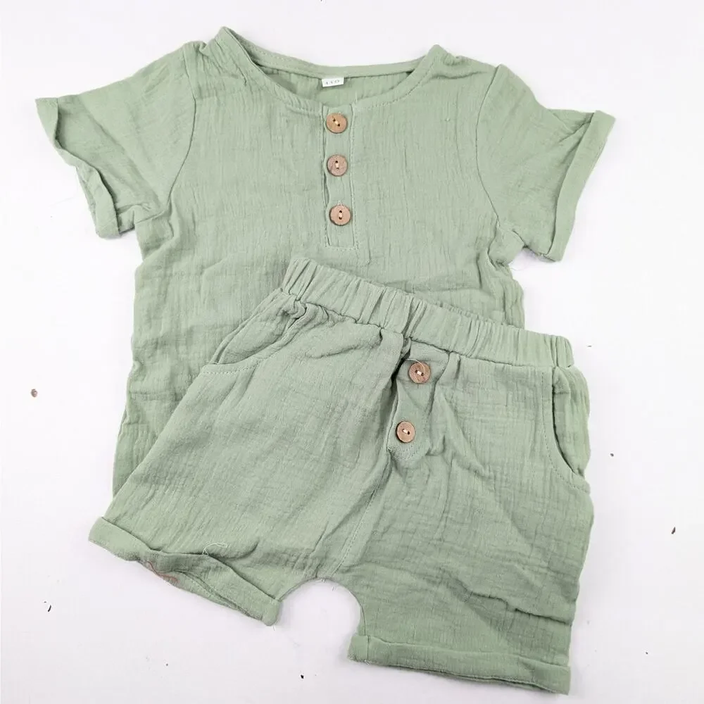 No Brand Sage Green Muslin 2 Piece Shorts & Shirt Set - 12-18 Months